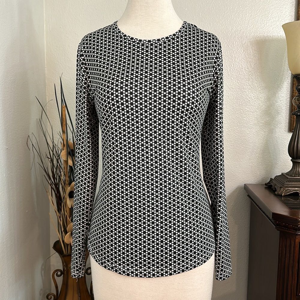 GG Blue Luxe Sport Long Sleeve Golf Tennis Pullover Black White Print Top Size M